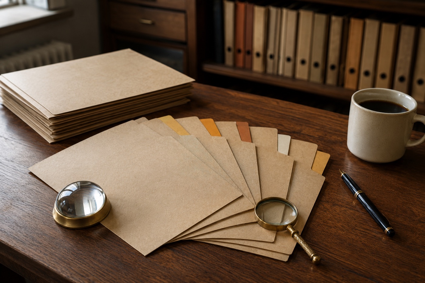 A fan of colour-tabbed kraft file dividers spread across a wooden desk, a glass-and-brass dome paperweight on one corner, a brass magnifying glass on the other. A stack of plain folders sits behind, with a row of similar archive folders softly out of focus on the shelf beyond. A cream ceramic mug of dark coffee and a black-and-gold fountain pen anchor the right edge.