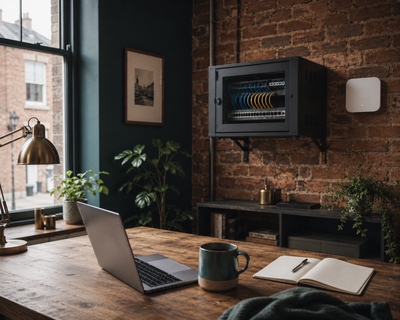 Tidy small-business IT setup: wall-mounted network cabinet with patch cables, Wi-Fi access point, and a laptop on a wooden desk in a warm Northern English studio