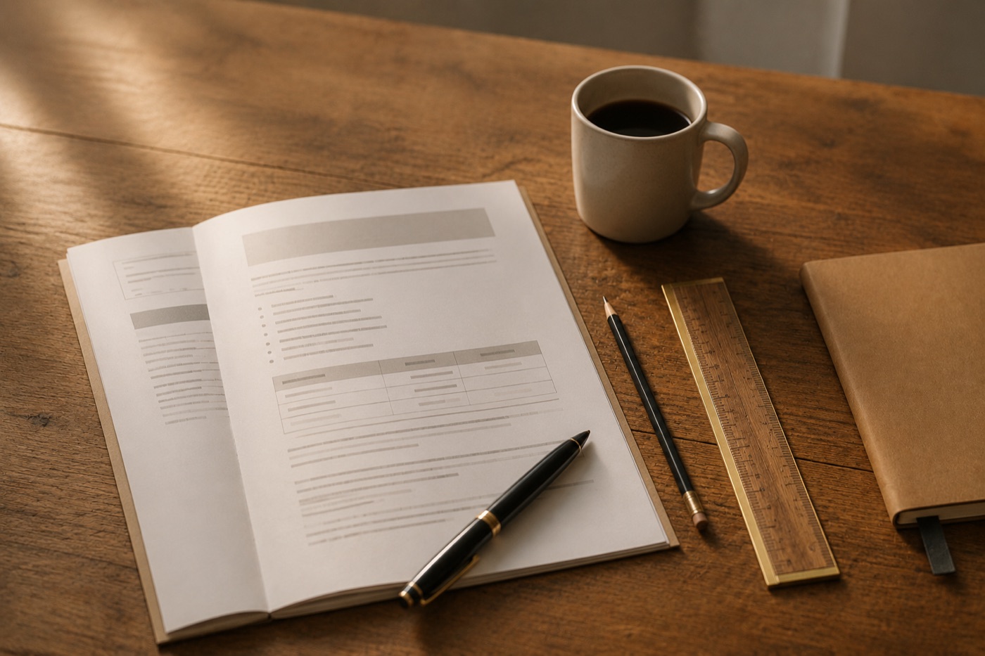 A small-business IT engagement plan in progress on a wooden desk: an open printed document with the visible structure of a planning brief, a black fountain pen resting on the page, a brass-edged wooden ruler and pencil to one side, a cream ceramic mug of dark coffee, and a kraft-covered notebook with a page-marker tab. Warm late-afternoon light.